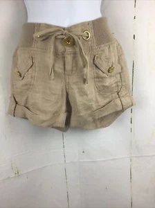 Xoxo Jeans Junior’s khaki 100% Linen Drawstring Elastic Waist Shorts Sz.0/0 - Picture 1 of 14