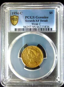 1854-C LIBERTY HEAD HALF EAGLE $5 DOLLAR GOLD COIN CHARLOTTE MINT PCGS XF WEAK C - Picture 1 of 6
