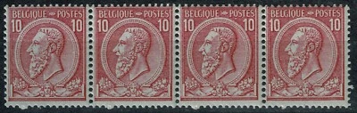 W0025 BELGIUM 1884 King Leopold II 10c rose on blue strip of 4 MNH - Image 1 of 2