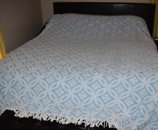 Vtg Cotton Blue & white Chenille bedspread 88 x 96" fringe One SPOT