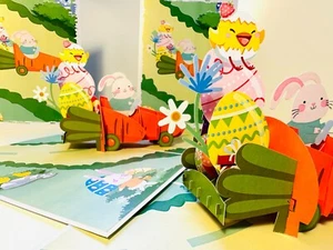 Happy Easter Bunny Rabbit Egg in Carrot Car 3D Pop Up Greeting Card Handmade - Picture 1 of 7