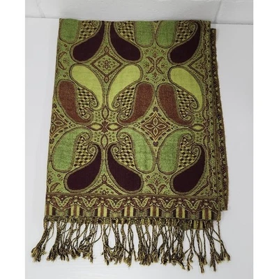 Bufanda D&G Pashmina 10 % cachemir 30 % seda estampado cachemir con flecos, verde/berenjena  Foto 1 de 4