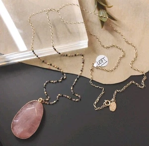Ann Taylor LOFT 32" Long Real QUARTZ Stone Pendant on Tiny Beads Chain Necklace! - Picture 1 of 10