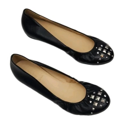 J. Zapato Crew Ballet Plano Cuero Negro Plata Tachuelas Sin Cordones Talla 9 Italia Elástico Foto 1 de 4