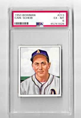 1950 BOWMAN BASEBALL CARD #213 CARL SCHEIB PSA 6 NQ MLB PHILADELPHIA ATHLETICS - Image 1 of 4