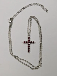 NON TARNISH Ruby Red Cross Silver Artisan Pendant W/ Adjustable 18-21" Chain - Picture 1 of 3