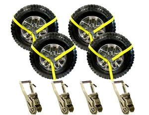 Yellow 8' Lasso Straps with Reinforced Eyes & 2" Finger Hook Ratchets Tie Down - Picture 1 of 8