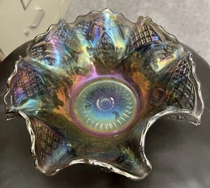 Carnival Glass Imperial Diamond Ring Bowl, Smoke 9", Ruffled - Picture 1 of 6