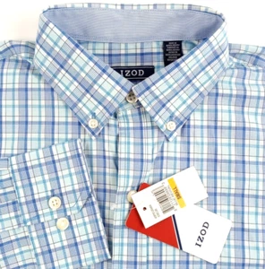 NEW IZOD Shirt Mens Small Button Down Cotton Plaid Blue Revival Long Sleeve - Picture 1 of 13