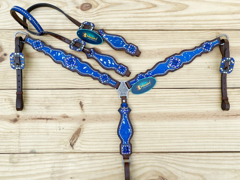 MOUSM Western Leather Headstall and Breast Collar Tack Set for Horse -Royal Blue - Image 1 of 4