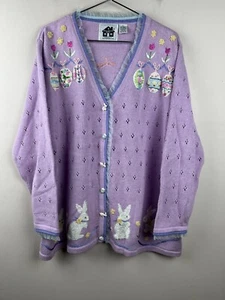 Vintage Storybook Knits Easter Bunny Cardigan Sweater 2X Embroidered Rabbits Egg - Picture 1 of 10
