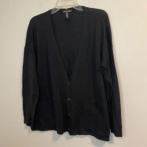 Eileen Fisher Woman’s Extra Fine Merino Wool Black Cardigan Sweater L - Picture 1 of 5