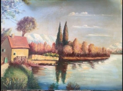 Belle et grande huile sur panneau bord du lac d'Annecy début 20ème 78X55 - Photo 1/4