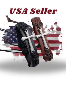 10 Pack Faux Leather Cross Religious 'Lord's Prayer' Bracelets, Brown, Black NEW - Picture 1 of 3