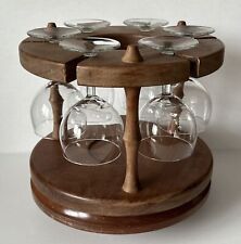 Vintage Wooden Wine Bottle Stand & Six Wine Glass Holder On Rotating Lazy Susan