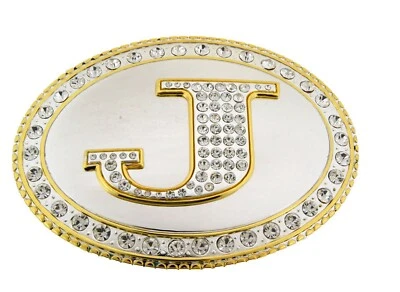 Initial J Letter J Belt Buckle Bling Ice Style Men Women Gold Silver Metal Rodeo - Image 1 of 4