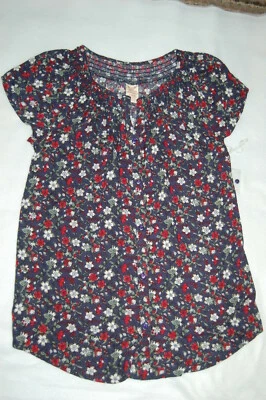 Womens SMOCKED Neck Peasant SHIRT FLORAL Navy Red White S 4-6 - Image 1 of 2