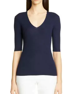 Top St. John Collection taglia P fine maglia a costine lana/seta blu navy $395 nuovo con etichette - Foto 1 di 5
