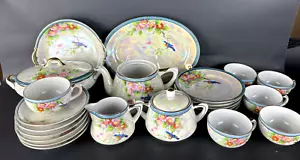 24 Piece Noritake Iridescent Blue Bird Child’s Hand Painted Tea Set -FloralJapan - Picture 1 of 16