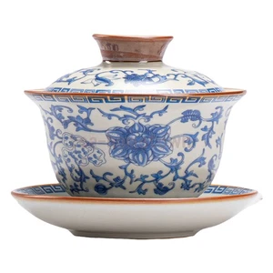 Blue and White Entwined Lotus Ru Kiln San Cai Gaiwan Tea Making Kung Fu Tea Set - Picture 1 of 4