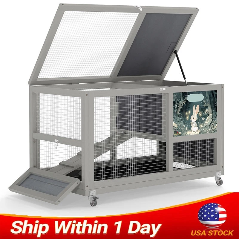 2 Tier Wooden Rabbit Hutch Bunny Cage Chicken Coop Pet House w/Run In/Outdoor - Image 1 of 4