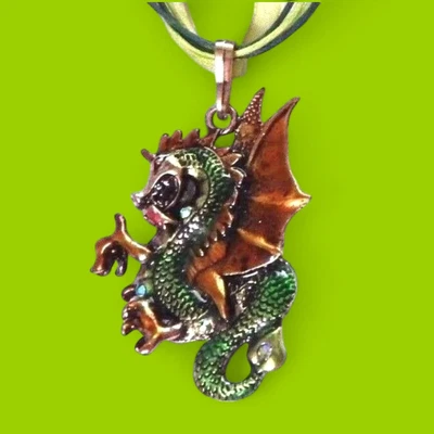 GREEN ENAMEL DRAGON NECKLACE medieval wyvern ribbon pendant renaissance M3 - Image 1 of 4