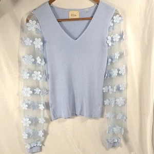 Tejido acanalado manga aplique floral transparente azul Elie Tahari Elie XS - Imagen 1 de 17