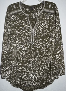 Lucky Brand Womens 1X Green Floral Print Long Sleeve Top Blouse Boho Peasant - Picture 1 of 20