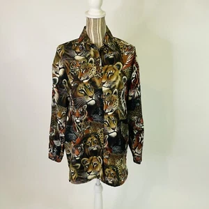 Vintage 90s Milano Cat All Over Print Button Down Shirt Medium Women's Collared - Picture 1 of 10