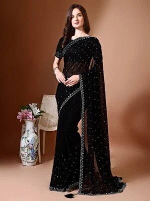 Embellished Bollywood Chiffon Saree  (Black) - Image 1 of 4