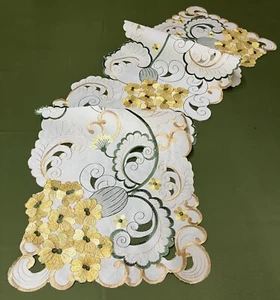 Yellow Embroidered Floral Table Runner Ivory, Light Cream Base Fabric Green - Picture 1 of 3