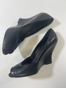 Chinese Laundry Woman’s Black Leather Peep Toe High Wedge Heel Shoes 9M - Picture 1 of 6