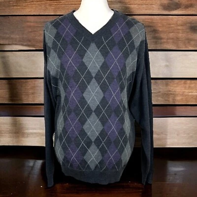 Pronto Uomo Sweater Mens XL Gray Argyle Purple Wool Blend V Neck - Image 1 of 4