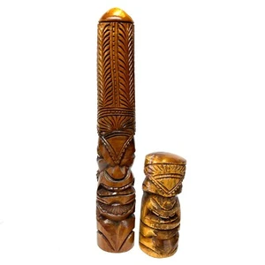 Pair Vintage Hawaiian Tiki Totems 14 1/2" and 6 1/2" Tall Hand Carved Signed - Picture 1 of 7