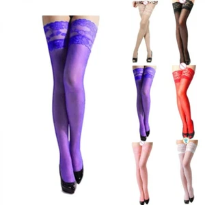 New Sheer Back Seam Thigh Highs Hi Nylons Stockings Hosiery Sexy Lace Patchwork - Picture 1 of 7