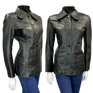 VINTAGE 60ER 70ER MOD BIKER TIEFSCHWARZ HUNDEOHRKRAGEN BUTTON DOWN LEDERJACKE 10 12 - Bild 1 von 11