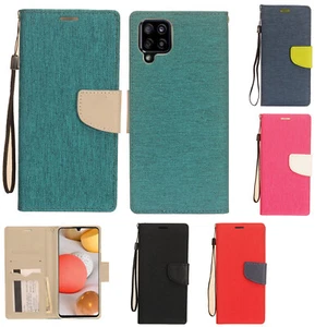 For Samsung Galaxy A12 Premium Fabric Wallet Pouch Flip Phone Cover - Picture 1 of 16