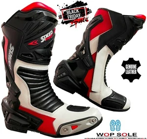 MENS BLACK, RED & WHITE MOTORBIKE / MOTORCYCLE RACING SPORTS LEATHER SHOES BOOTS - Picture 1 of 4