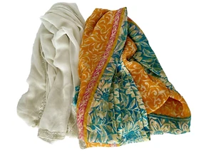 Scarves 2 silk blend multicolor sheer sari print, sheer white hemmed/bugle beads - Picture 1 of 15
