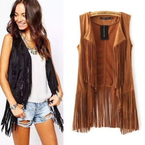 Women Faux Suede Retro Western Tassels Fringed Vest Cardigan Waistcoat Fall Coat - Picture 1 of 14