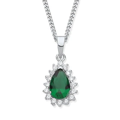 Sterling Silver 925 simulated EMERALD & CZ Teardrop Pendant Necklace 16 18 20" - Image 1 of 4