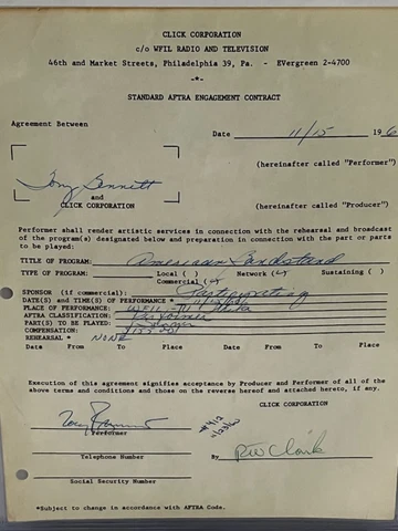 Tony Bennett American Bandstand autographed contract w/Dick Clark Cover
