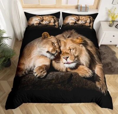 3 piezas. Juego de cama Queen con tema de selva safari amor león/leona + 2 estuches Foto 1 de 3