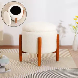 Round Storage Ottoman Teddy Velvet Footrest Vanity Stool Footstool Bedroom White - Picture 1 of 12