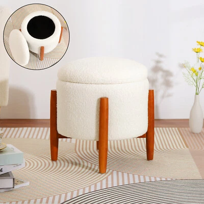 Round Storage Ottoman Teddy Velvet Footrest Vanity Stool Footstool Bedroom White - Image 1 of 4