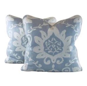 PR 24" Designer Thibaut Cream & Periwinkle Blue Bridgewater Damask Pillow Covers - Picture 1 of 5
