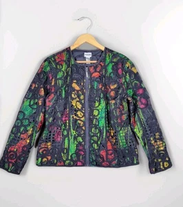 CHICO'S Jacket Women's 2 (L/12) Black Lace Floral Full Zip Colorful Pop On Coat - Picture 1 of 8