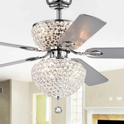 Swarana Chrome Dual Lighted Ceiling Fan with Crystal Shades Grey,Silver - Image 1 of 4