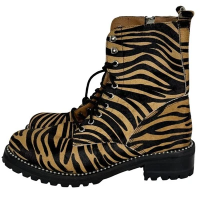 Aqua Tiger Print Jax Studded Hiker Combat Boots Lace Up Calf Hair Boho Gypsy 9.5 - Image 1 of 4