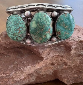 Large Turquoise Bracelet Navajo Sterling Cuff With Stamped Native Design - Picture 1 of 7